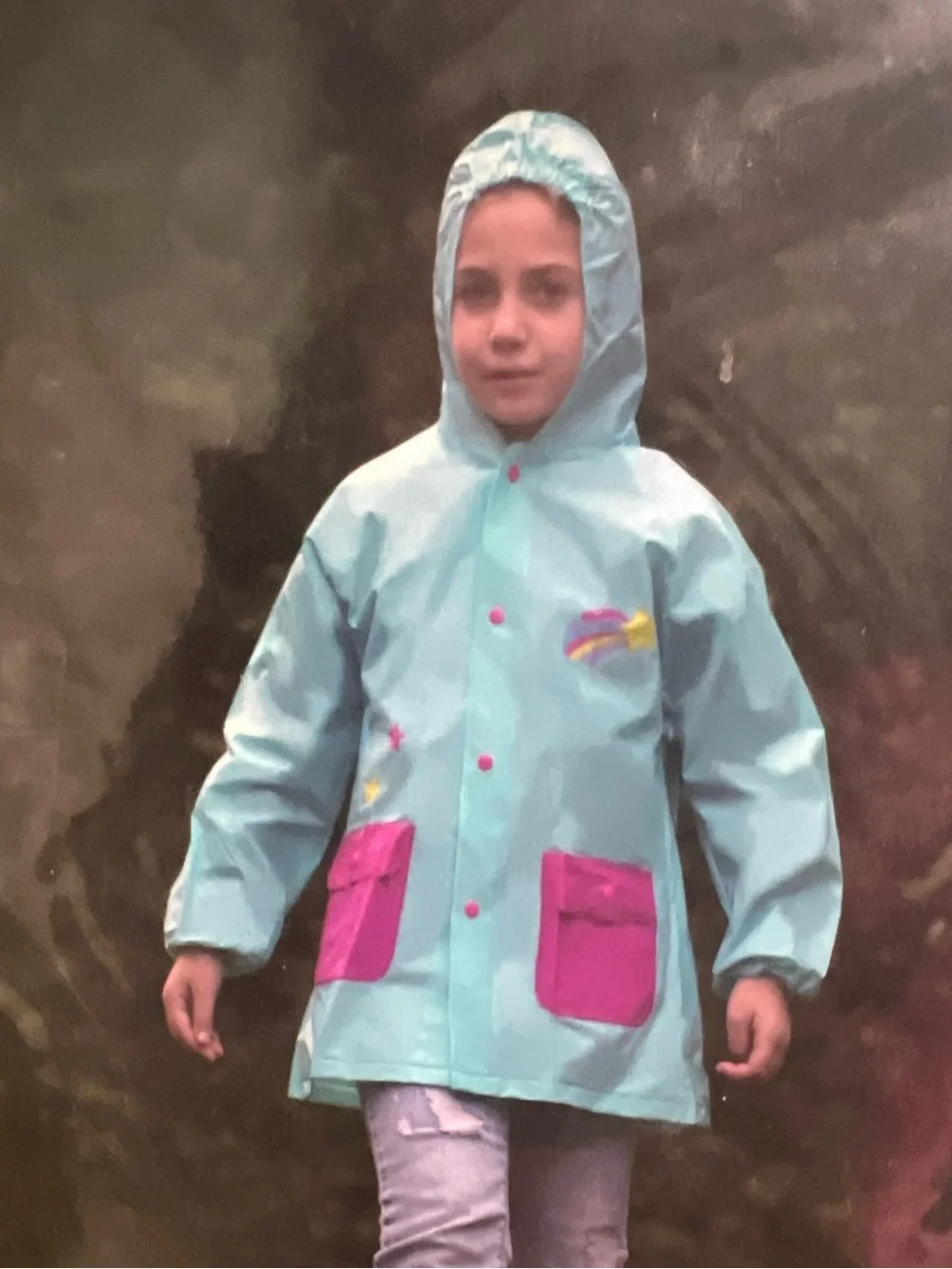 Milly of New York Light Blue Kids Hooded Rain Jacket w Pink Pockets, Unicorns, M